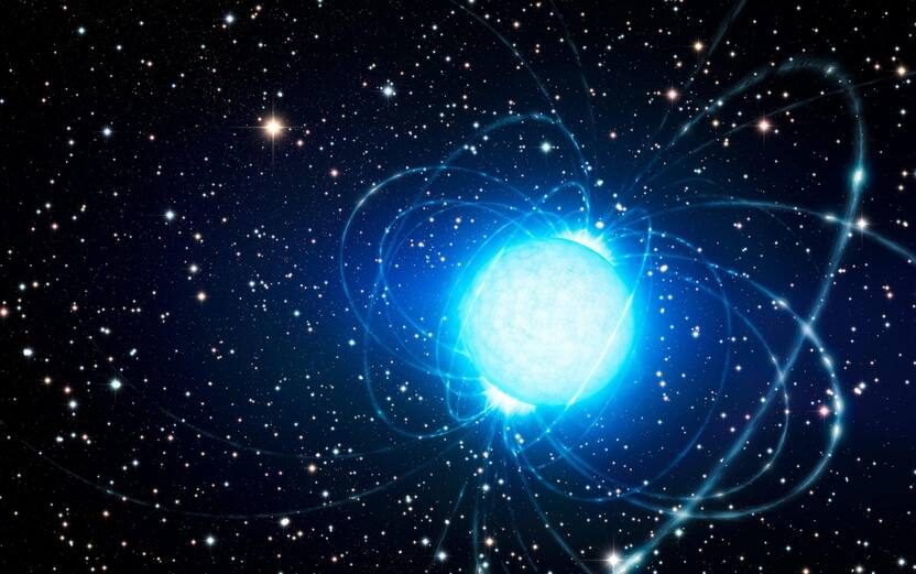 epa04205460 A undated handout image, made available by the European Southern Observatory, ESO, on 14 May 2014 showing an artists impression of the magnetar in the very rich and young star cluster Westerlund 1. This remarkable cluster contains hundreds of very massive stars, some shining with a brilliance of almost one million suns. European astronomers have for the first time demonstrated that this magnetar an unusual type of neutron star with an extremely strong magnetic field probably was formed as part of a binary star system. The discovery of the magnetars former companion elsewhere in the cluster helps solve the mystery of how a star that started off so massive could become a magnetar, rather than collapse into a black hole. EPA/ESO/L. Calçada / HANDOUT HANDOUT EDITORIAL USE ONLY/NO SALES