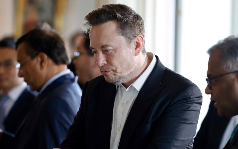 SpaceX, Twitter and electric car maker Tesla CEO Elon Musk (C) looks on among other CEOs before a roundtable during the 6th edition of the 'Choose France' Summit, at the Chateau de Versailles, outside Paris, France, 15 May 2023. ANSA/LUDOVIC MARIN / POOL MAXPPP OUT