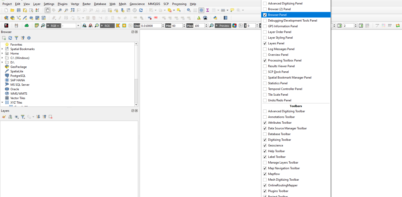 Screenshot showing how to find the Browser Panel in QGIS.
