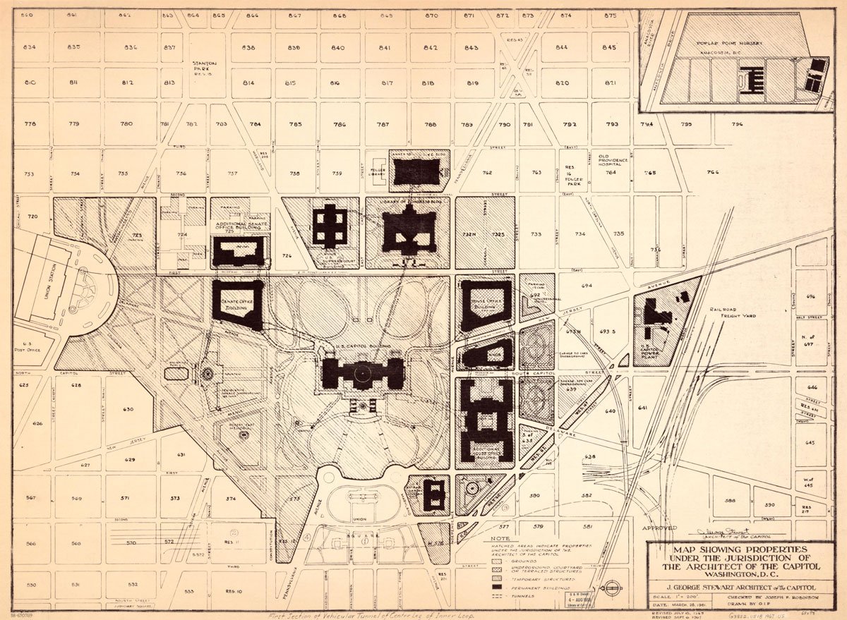 A scanned and yellowed map from the 1960s showing buildings and streets around Washington D.C.