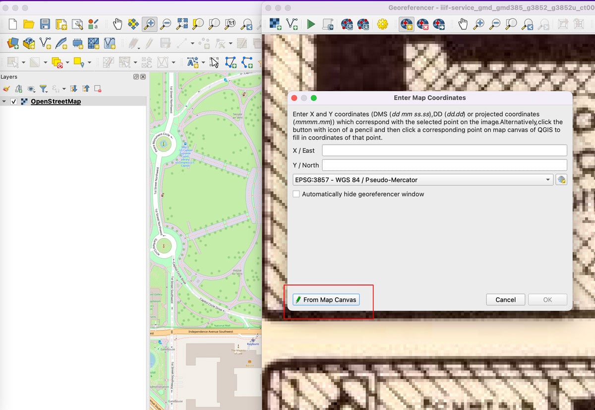 A screenshot from WGIS showing the "Enter Map Coordinates" screen in the Georeferencer.