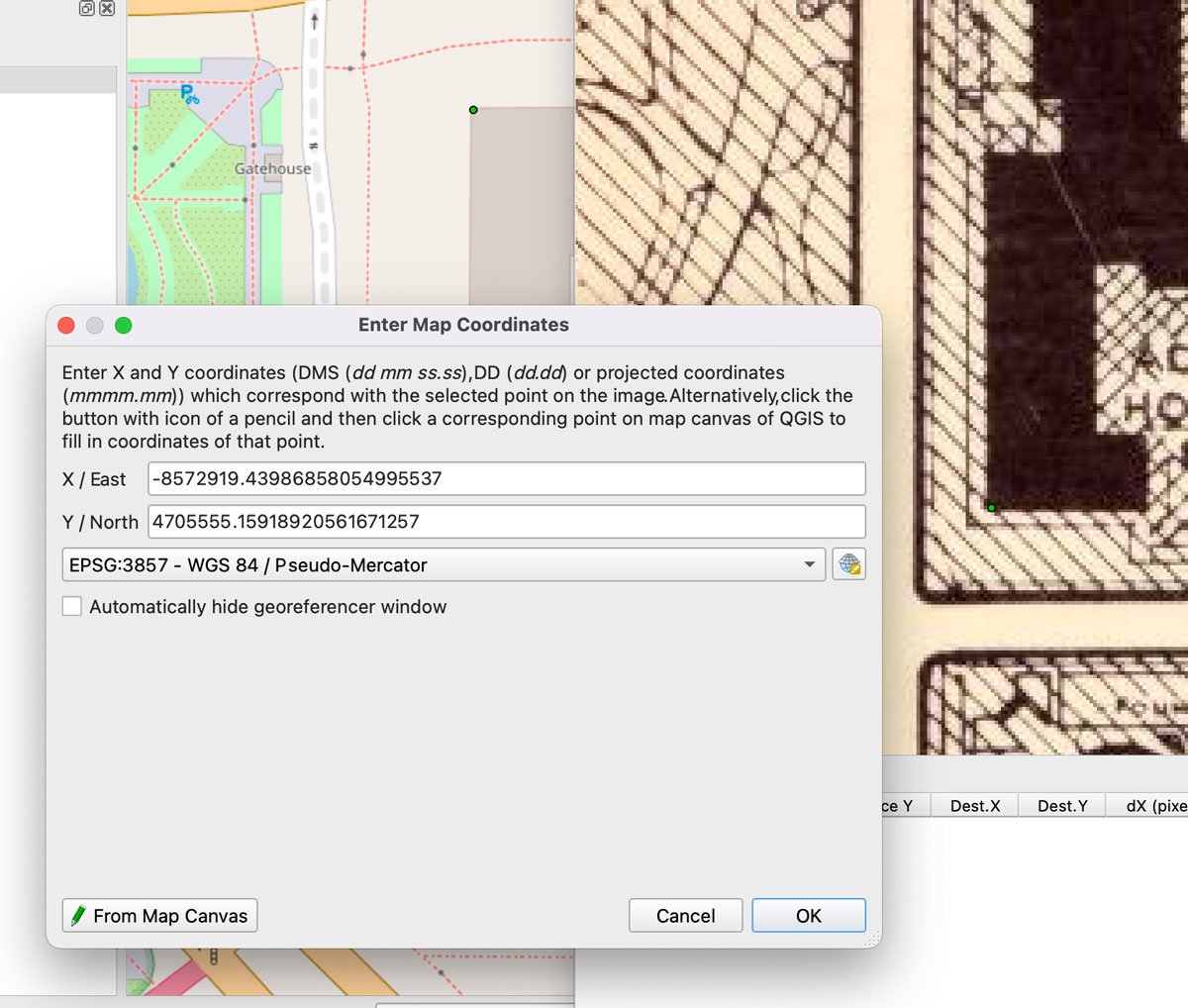 Screenshot showing the "Enter Map Coordinates" interface with corresponding green dots on the scanned map and the OpenStreetMap layer.