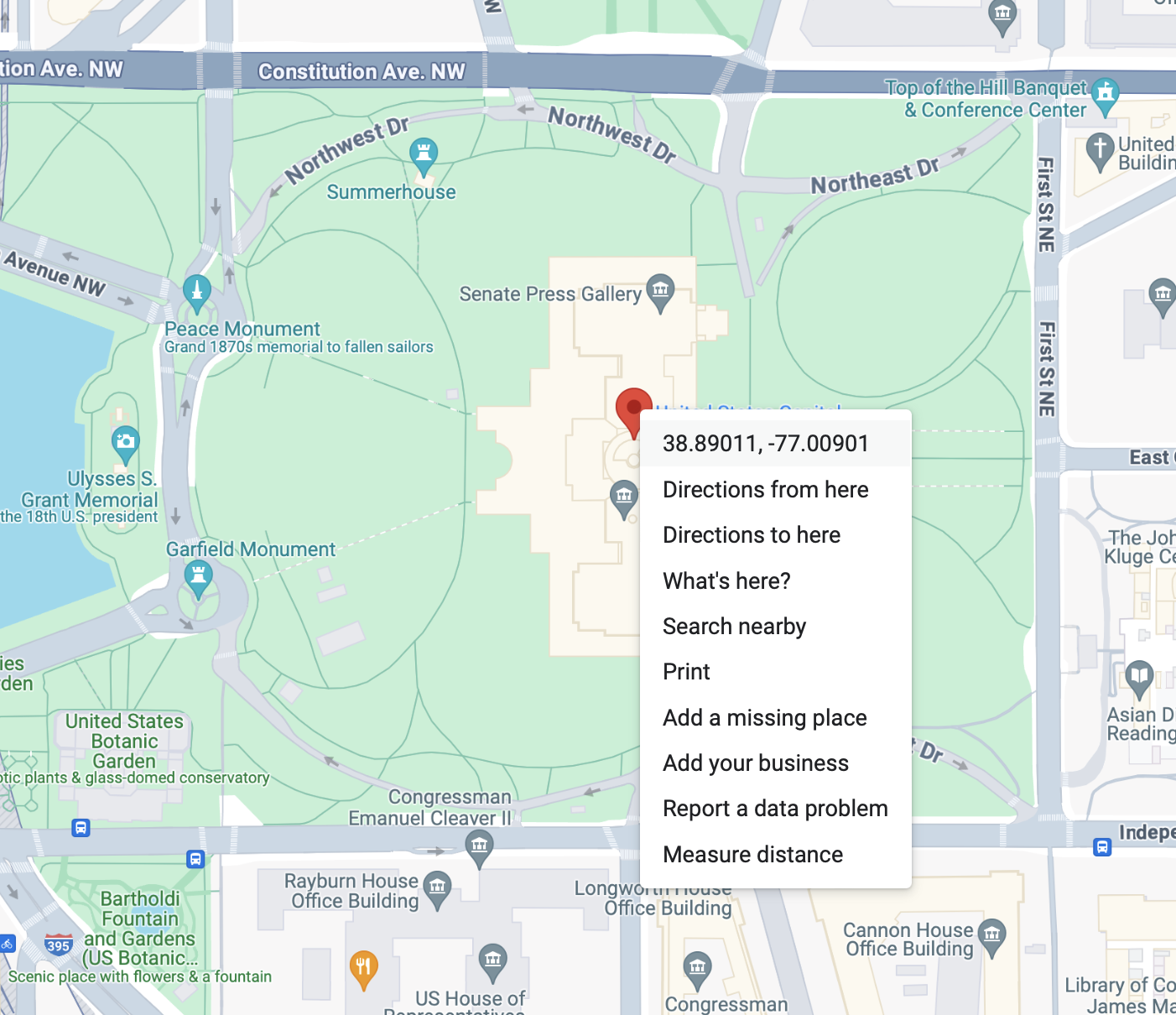 Screenshot showing a zoomed in view of the U.S. capital building in Google Maps. 