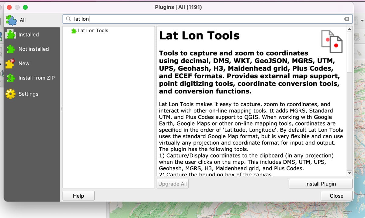 Screenshot showing the plugin for Lat Long Tools in QGIS.