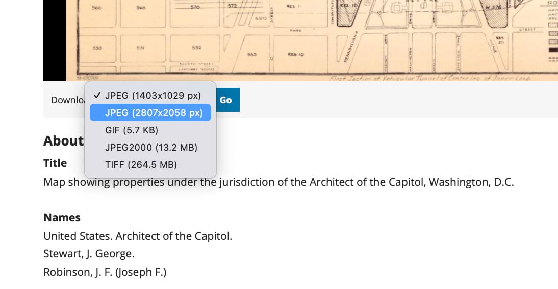 A clipped view of the menu item for image file formats for a scanned map page on the library of congress web site.