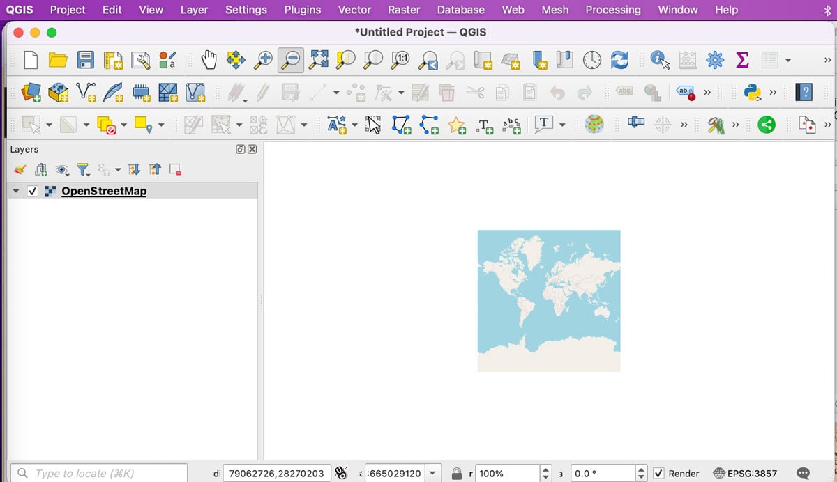 Screenshot showing a zoomed out view in the map canvas of QGIS of a world map.