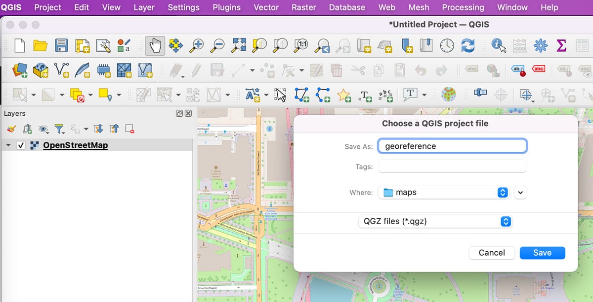 Screenshot showing the interface to save a map project in QGIS.