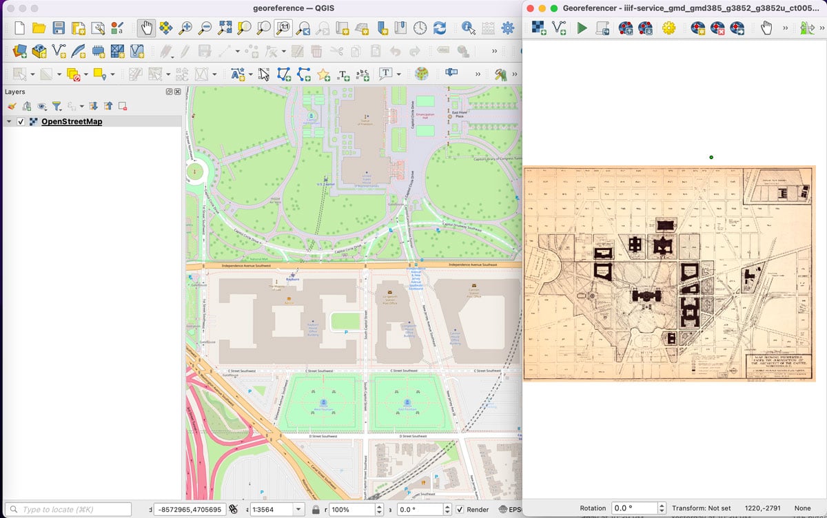Screenshot showing the QGIS map canvas with a view of Washington D.C. next to a Georeferencer window open with a 1967 yellowed map of Washington D.C.