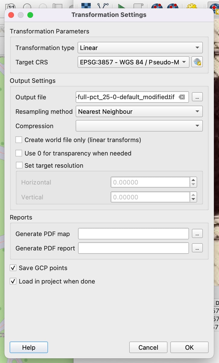 Screenshot showing the transformation settings for georeferencing a map.