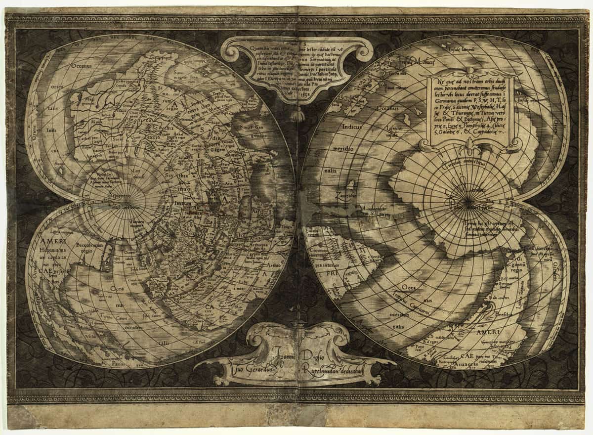 World map in double cordiform projection (Werner) by Gerardus Mercator, 1538. Map held at the American Geographical Society Library.