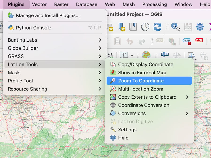 Screenshot showing the "zoom to coordinate" menu item location in QGIS.