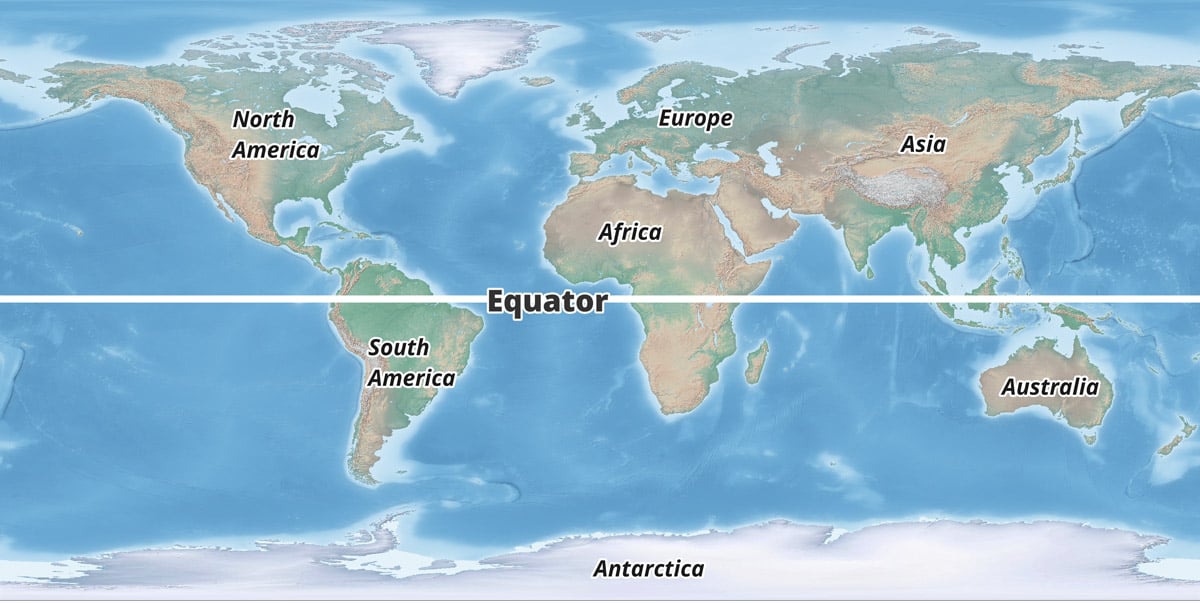Shaded relief map of the world with a bold white line showing the location of the Equator.