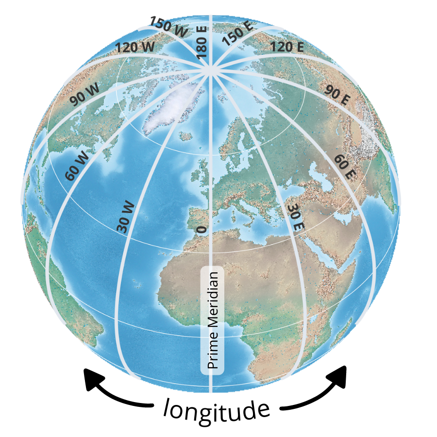 Globe with a shaded relief showing lines of longitude with a view of Europe and Africa.