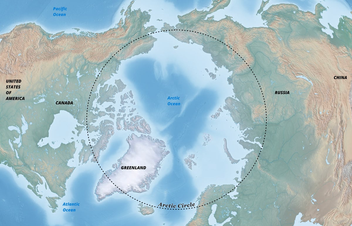 Shaded relief map with a black dashed line showing the Arctic Circle in the North Pole orthographic projection.