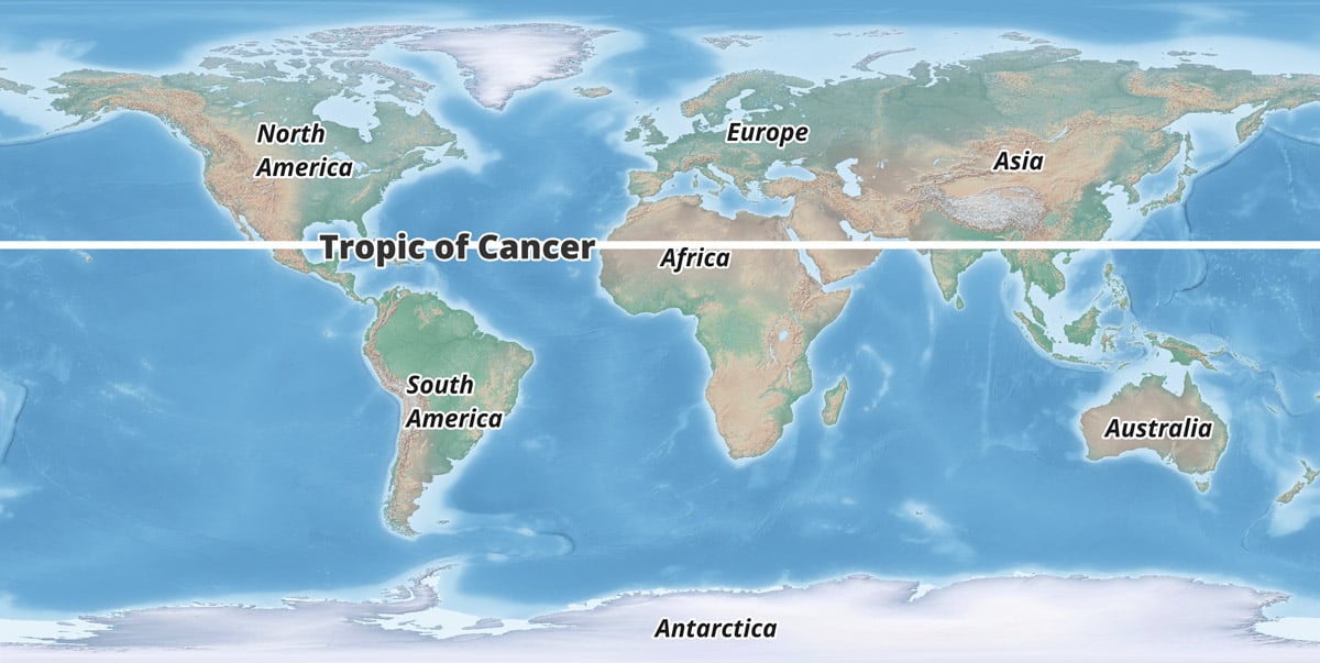 A shaded relief map of the world with a bold white line marking the Tropic of Cancer.