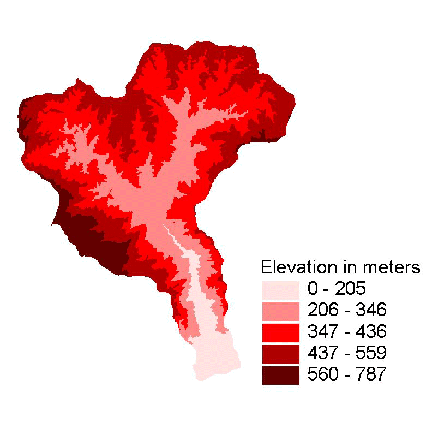 Digital Elevation Model (DEM) showing elevation in shades of red and pink.